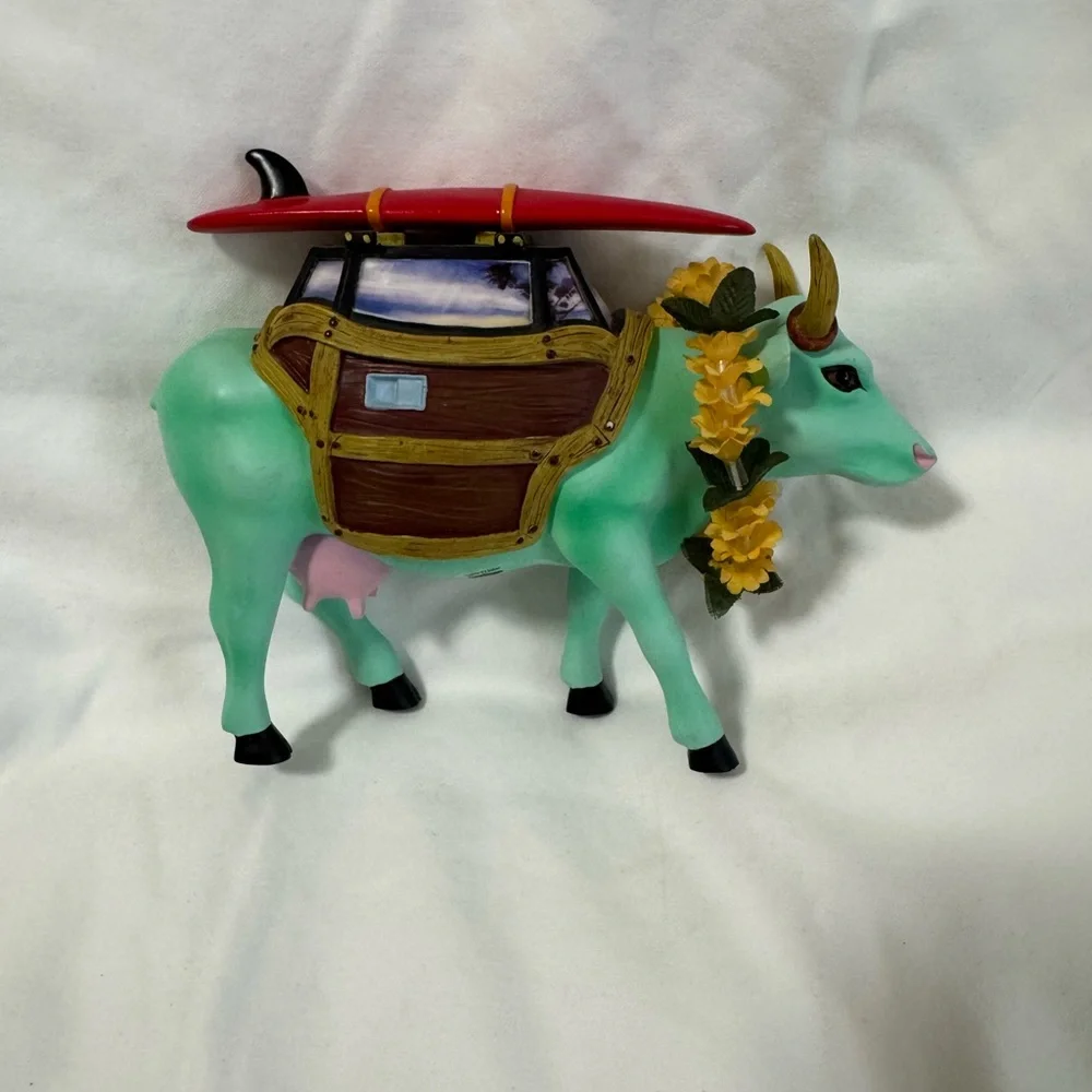 Mint Green Cow Figurine with Surfboard – Cute Beachy Novelty Decor